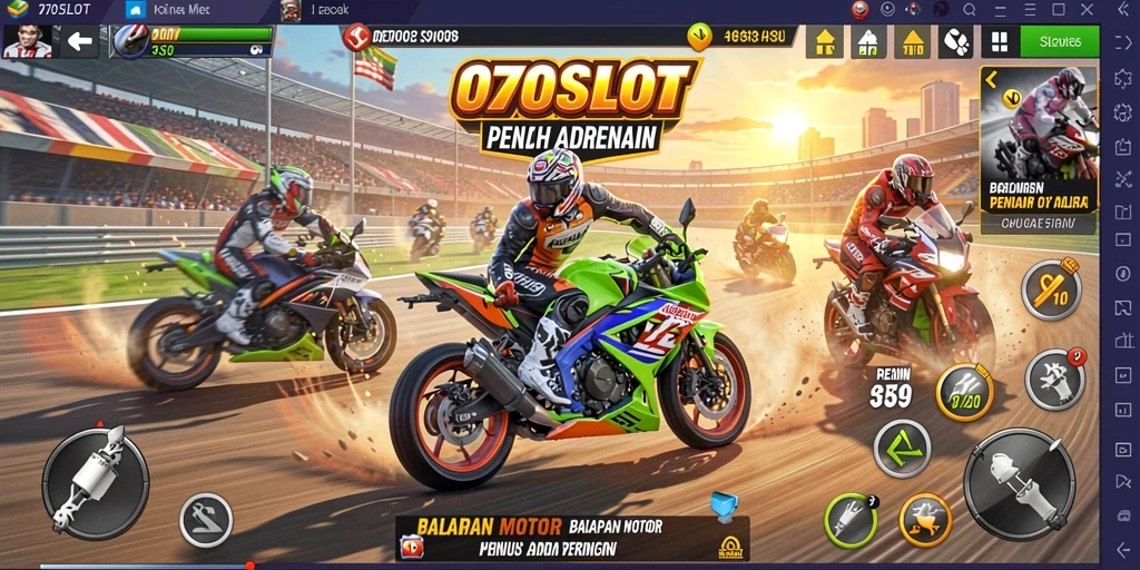 Screenshot dari gameplay 070SLOT menampilkan aksi balapan motor yang menegangkan.