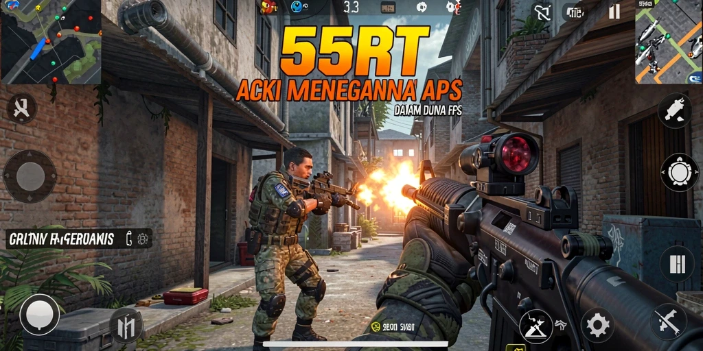 Screenshot menampilkan gameplay intens dari 55RT dengan aksi tembak-menembak yang seru.