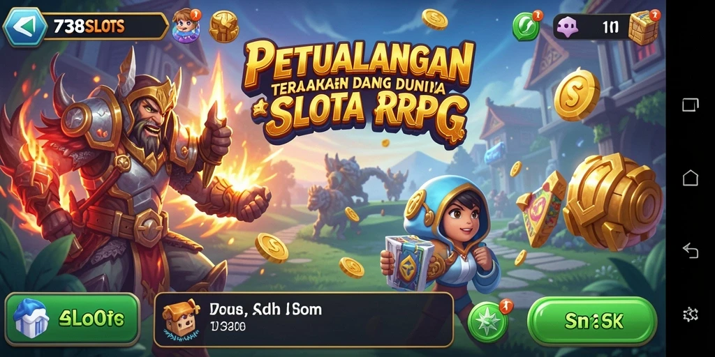 Screenshot gameplay 738SLOTS menunjukkan pertempuran seru dan karakter penuh warna.