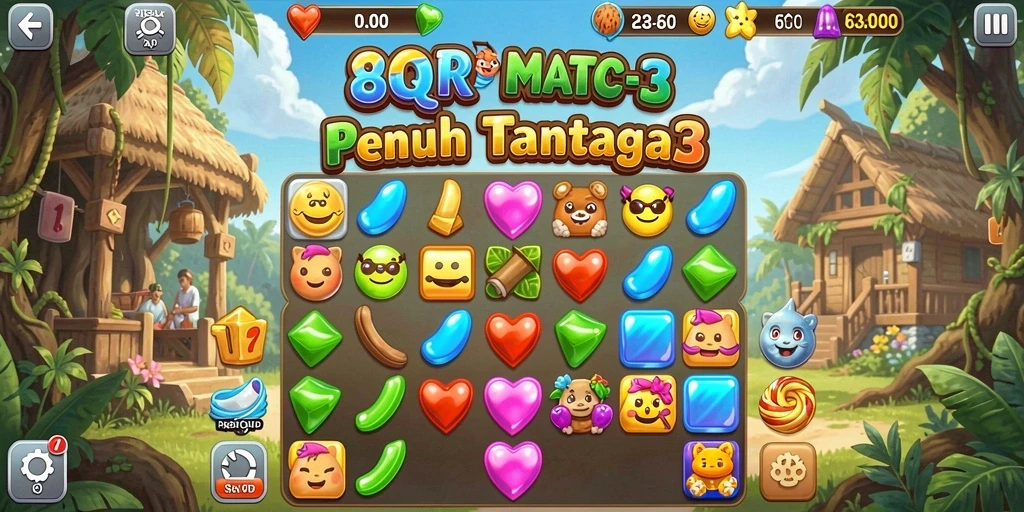 Screenshot gameplay 8QR menunjukkan momen mencocokkan elemen Match-3 yang seru.