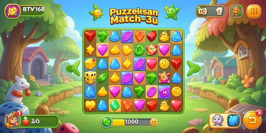 Screenshot gameplay BTV168 yang menampilkan aksi mencocokkan permata.