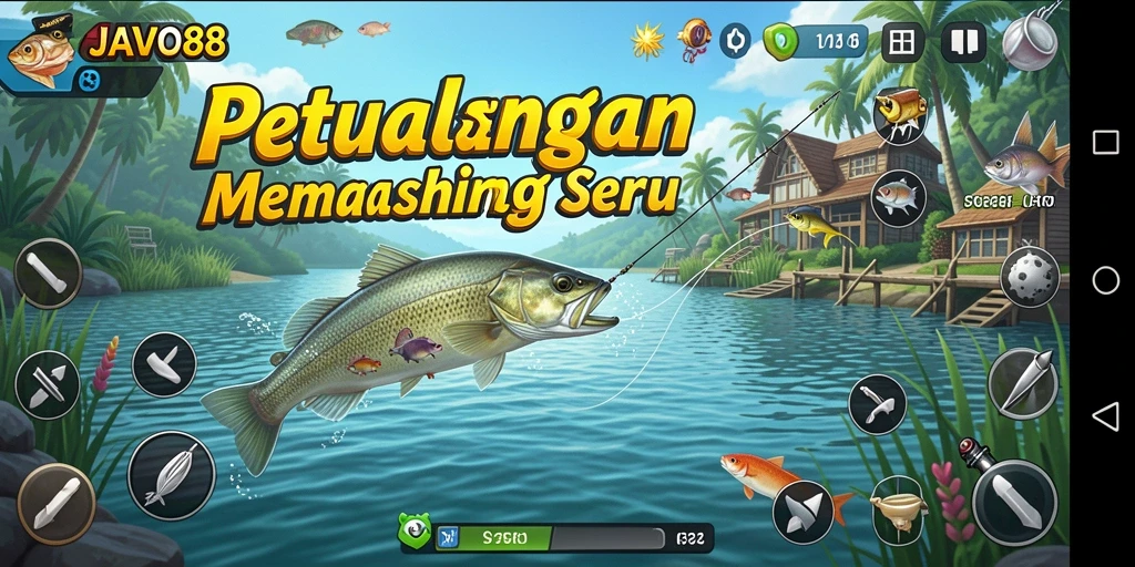 Screenshot utama <strong>JAVO88</strong> menampilkan aksi memancing yang mendebarkan dengan beragam jenis ikan.
