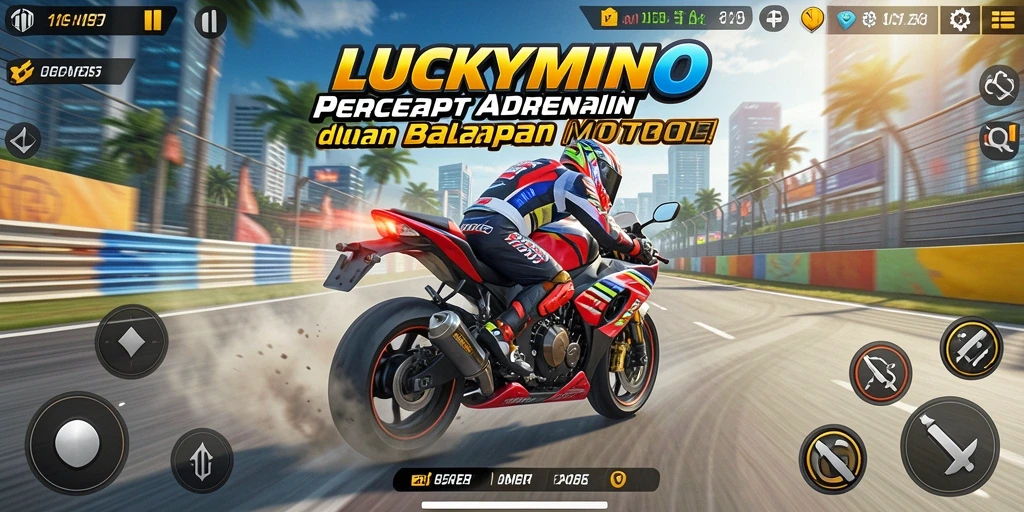 Tampilan gameplay <strong>LUCKYMINO</strong> yang mendebarkan saat balapan motor.