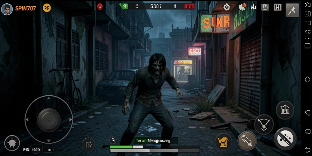 Screenshot gameplay SPIN707 menunjukkan suasana mencekam dan menakutkan di dalam permainan.