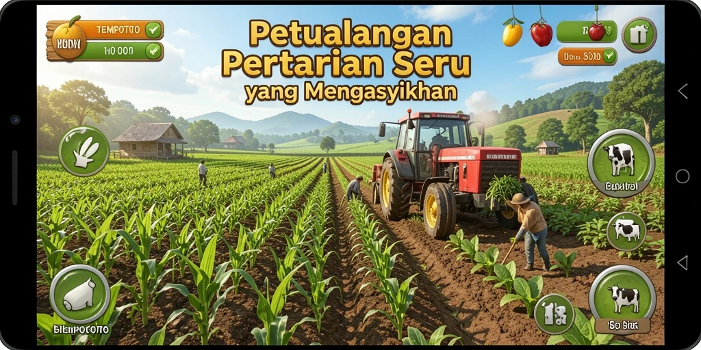 Tangkapan layar gameplay <strong>TEMPOTOTO</strong> menampilkan kebun yang rimbun dan hewan ternak.